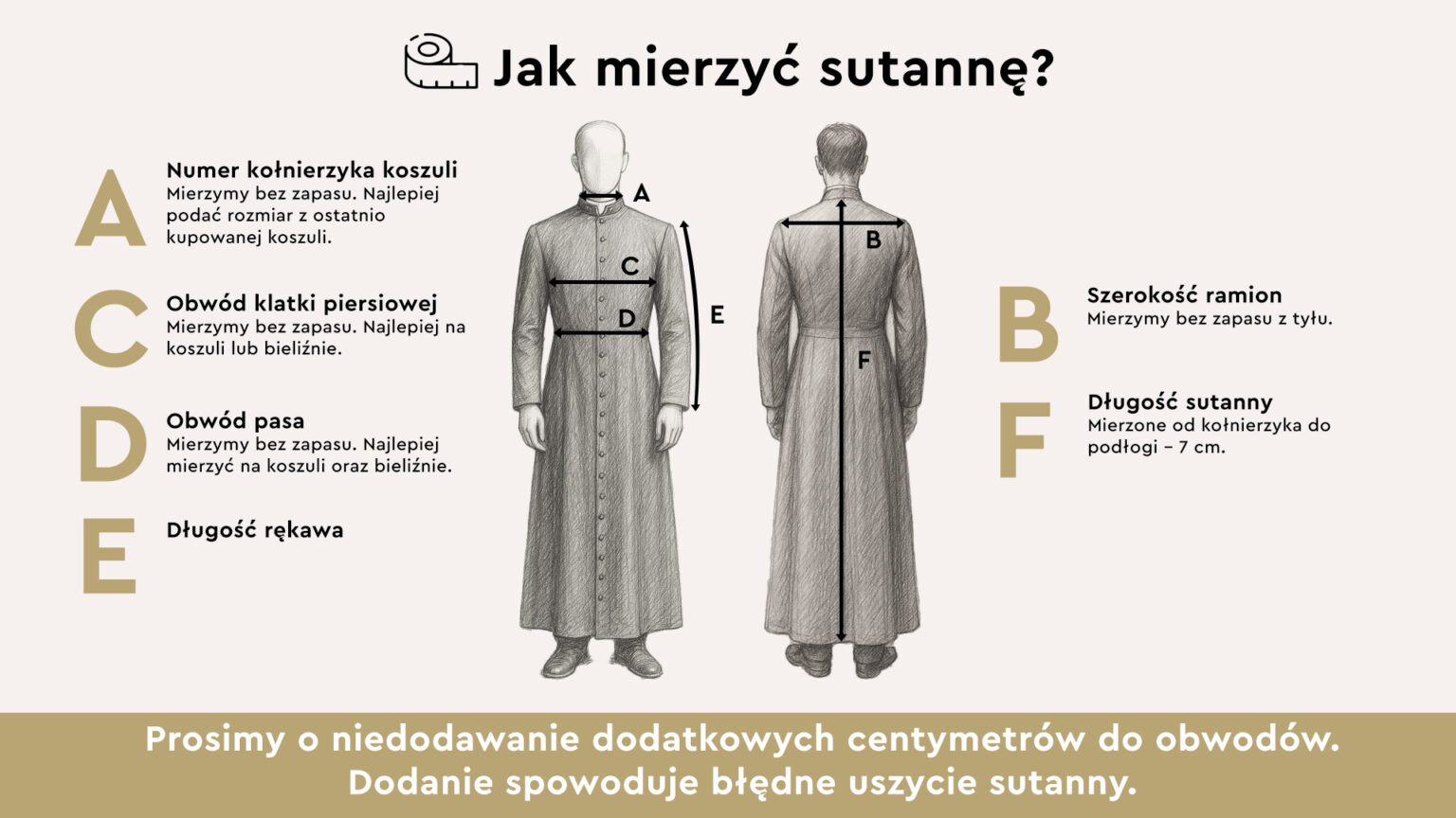 Schemat pomiarów do sutanny: sylwetka z przodu z oznaczonym kołnierzykiem (A), obwodem klatki piersiowej (C), obwodem pasa (D) i długością rękawa (E) oraz sylwetka z tyłu z szerokością ramion (B) i długością sutanny (F). Opis każdego wymiaru znajduje się pod schematem.